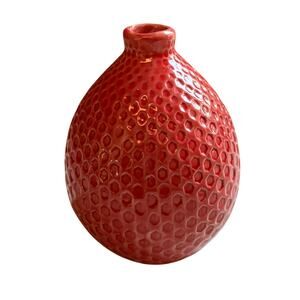 Textured red ceramic bud vase honeycomb small ovoid shape porcelain 4.5" tall